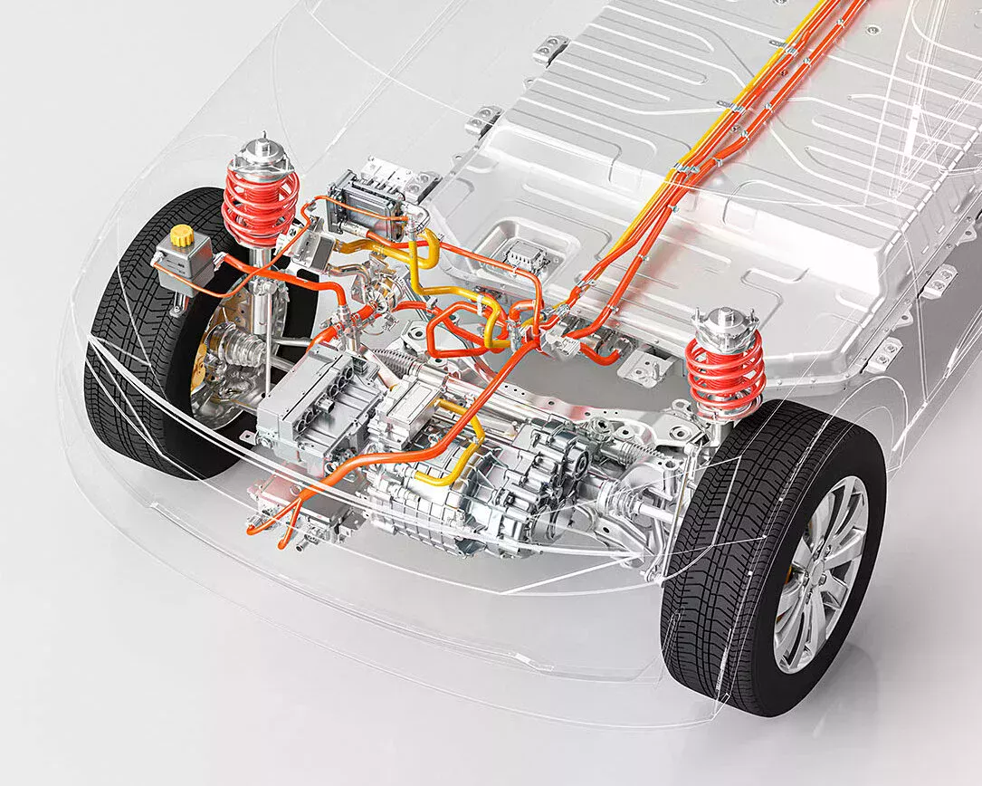 Genomskinlig bil där du kan se motorn