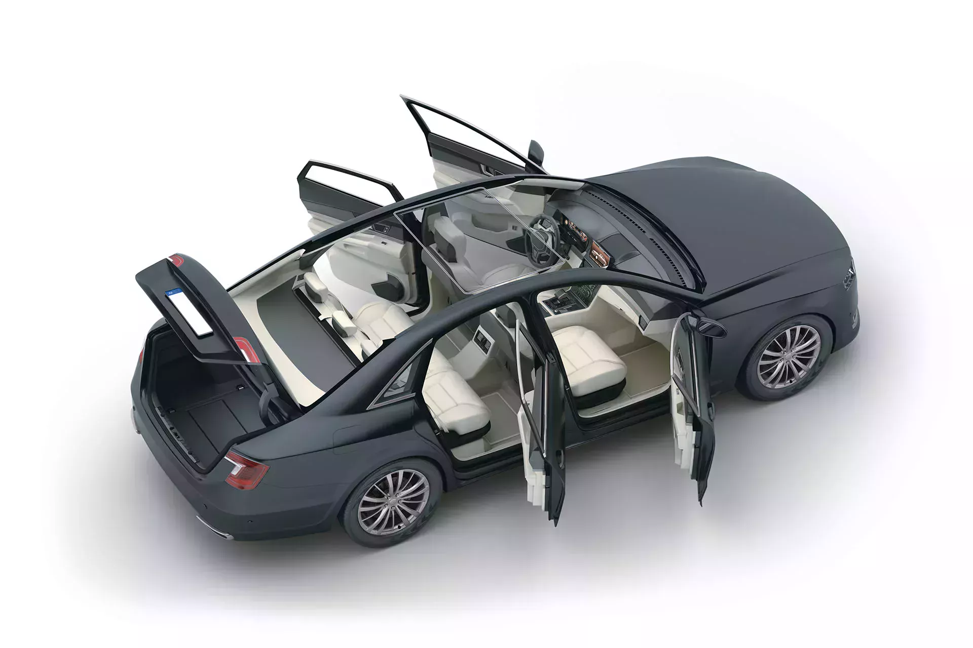 Svart bil med öppna dörrar och öppet bagageutrymme